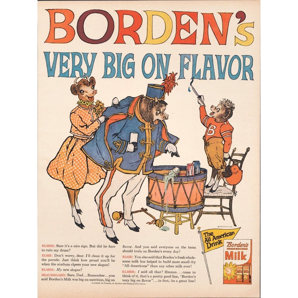 1958 Borden's Milk Vintage Print Ad Elsie Cow Farm Animals Cartoon Wall Art 50s